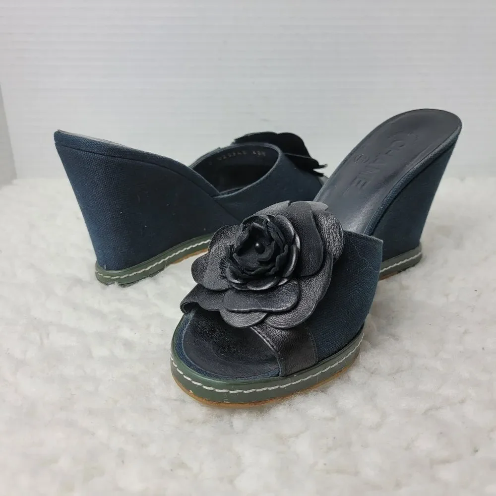 Chanel Camellia Women's Wedge Shoes Size 8 Blue Navy Sandals Mules Open Toe Shoe